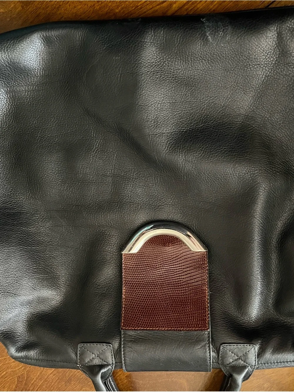 Men's Black Leather Briefcase with Brown Textured Accent